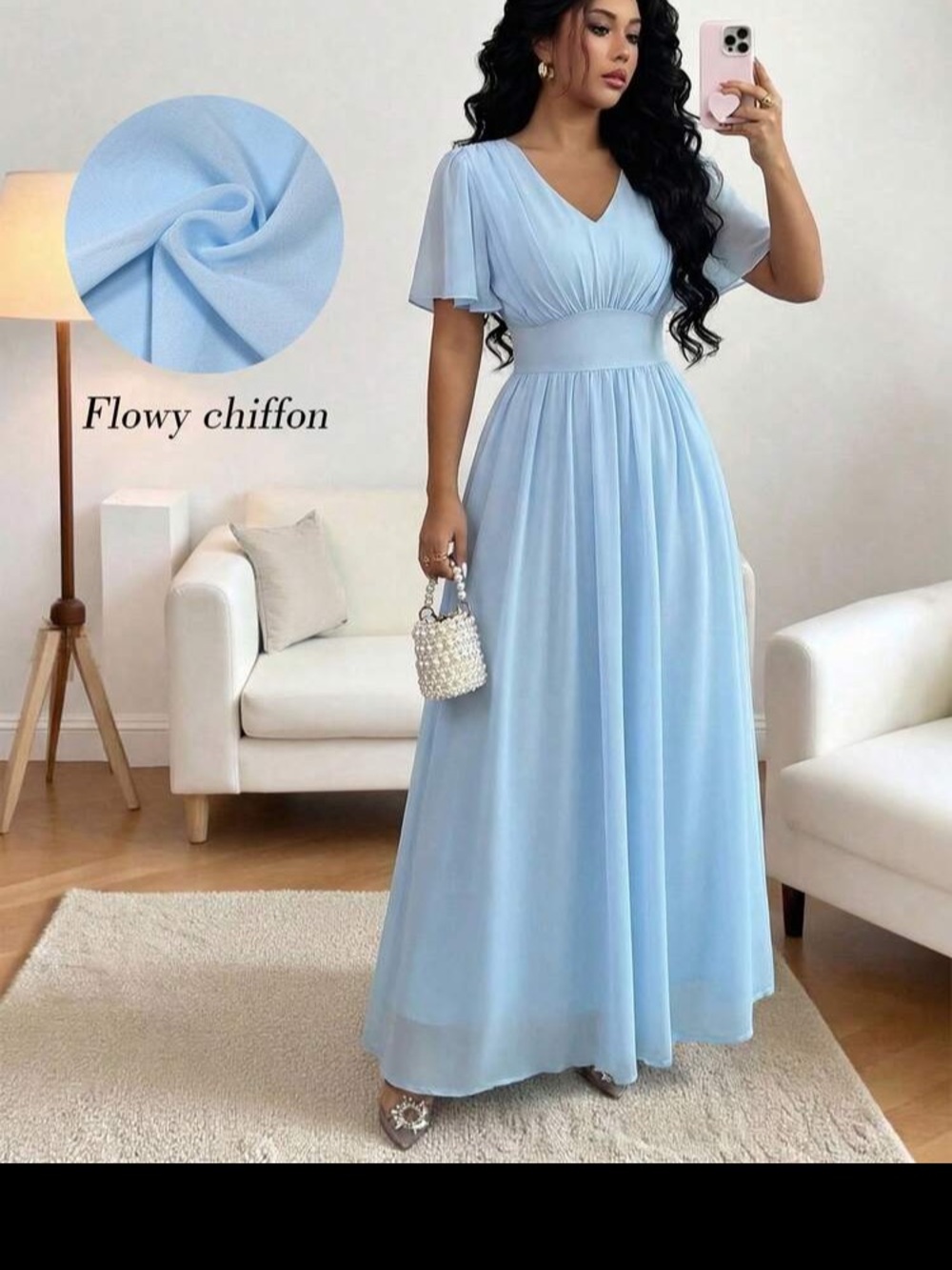 Light Blue Chiffon V-Neck Maxi Dress